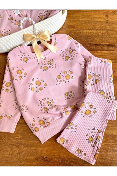 ALYA BUTİK Alya Butiks Pink Floral Patterned Corded Fabric Loose Leg Girls' T...