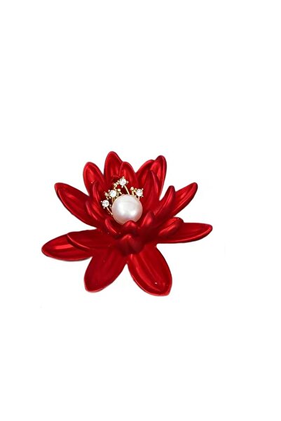 ESJ İnci Detay Kırmızı Renk Lotus Çiçeği Kadın Broş Ebat: 3,9 * 4,4 cm