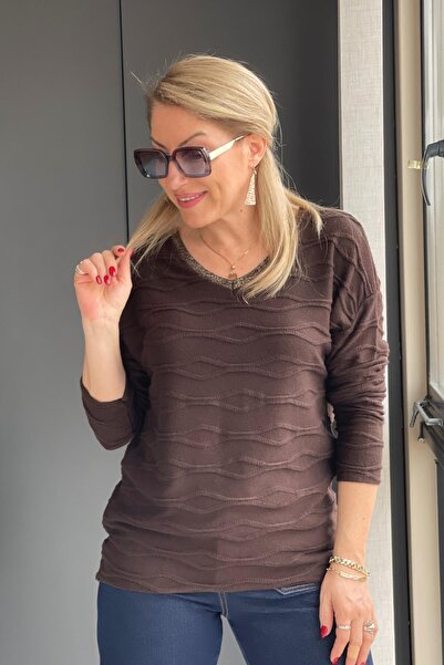 MİSLİNA BUTİK Sim Yaka Kırık Çizgi Desen Kahve Kazak