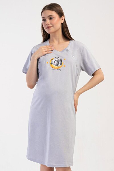 VİENETTA Women's Gray Short Sleeve 100% Cotton Nursing Comfortable Maternity Nightgown C0T2N1014