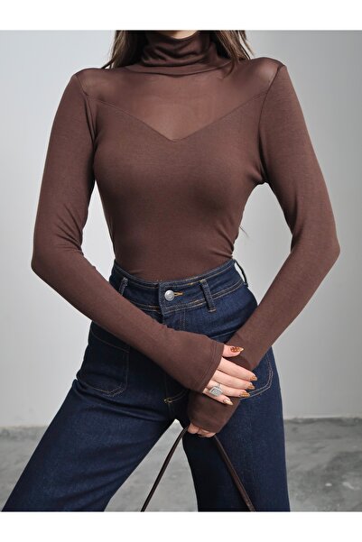 Paw Garage Women's Buzzy Fabric Turtleneck Tulle Detailed Blouse