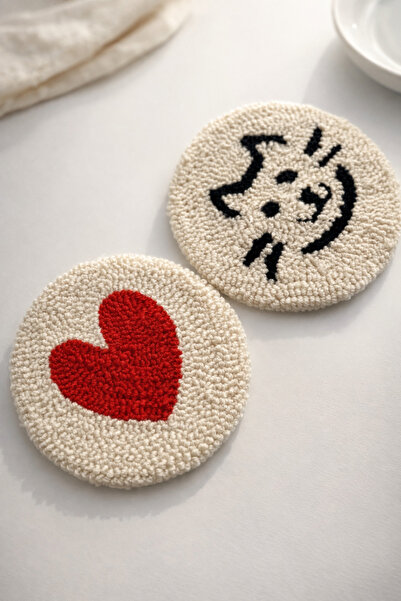 Minic Store Punch Coasters Set of 2 Handmade – Decorative Coffee Tea Coasters with Cats and Hearts