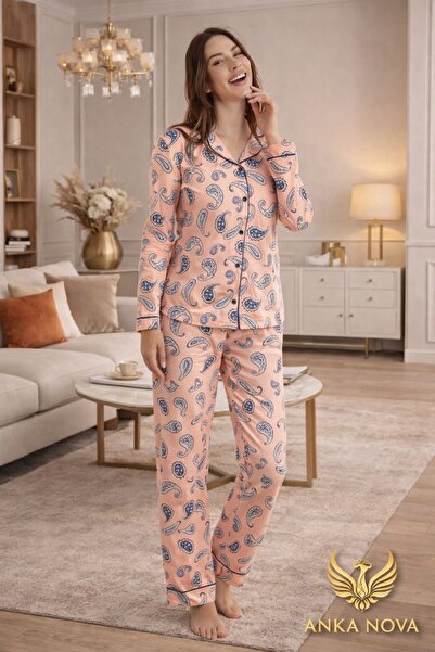 ANKANOVA Women's Pajama Set – Dusty Pink Shawl Pattern, Buttoned, Winter
