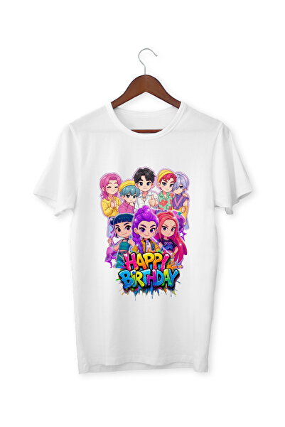 ALPŞAN TİCARET Huntrix Anime T-Shirt - Rumi Mira Zoey Character Girl's White T-Shirt Happy Birthday Printed