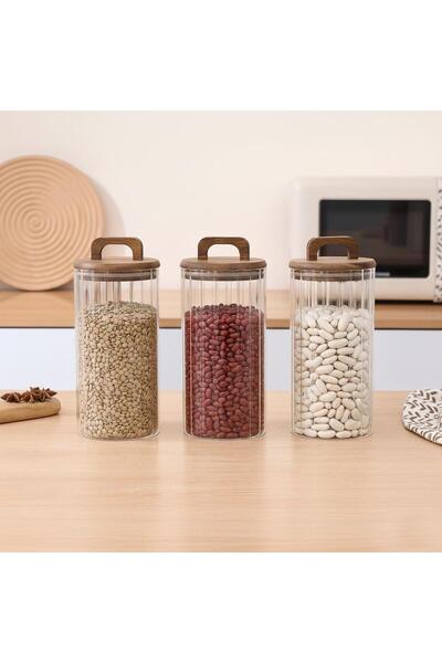 Altabi Borosilicate Glass Vacuum Flask 1250 ml |   Acacia Lid Grain & Spice Jar 3 Pcs