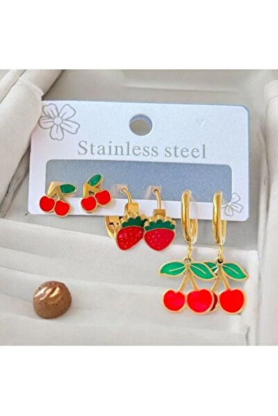 Hediye Vakti Gold Color Steel Earring Set with Cherry & Strawberry Figures – ...