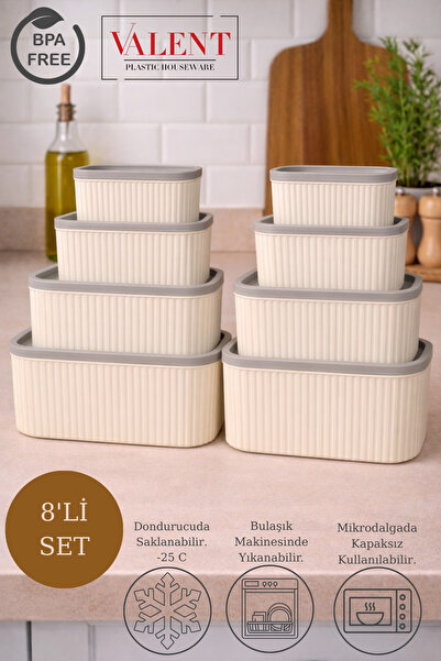 VALENT 8'li Çizgili Dikdörtgen Saklama Seti Bej | 3LT 1.8LT 1LT 0.55LT | Mikrodalga v Dondurucu Düzenleyici