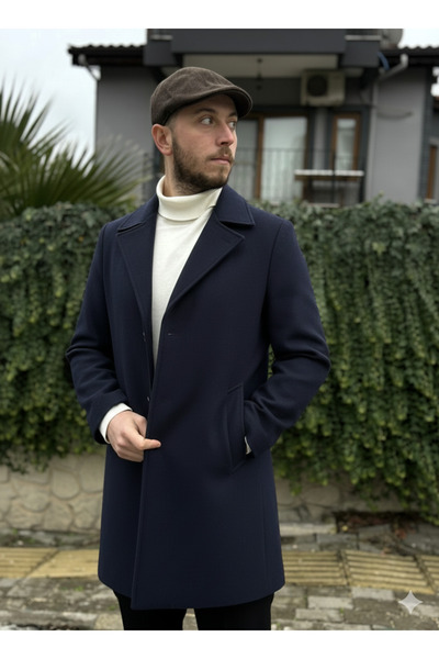 KARADAĞLI Regular Fit Navy Blue Double-Breasted Collar Cashmere Coat Overcoat