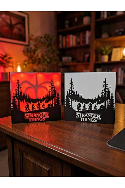 BASKIDURAĞI Stranger Things Siluet Gece Lambası – Kırmızı Ledli Dekoratif Mas...