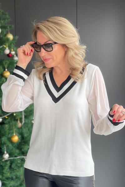 MİSLİNA BUTİK Beyaz Tül Kol Detay Triko Bluz