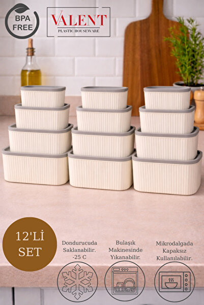 VALENT 12'li Çizgili Dikdörtgen Saklama Seti Bej | 3LT 1.8LT 1LT 0.55LT | Mikrodalga Dondurucu Düzenleyici