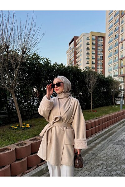 Balamony Beige Fur Detailed Cashmere Coat