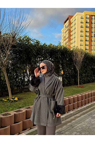 Balamony Anthracite Fur Detailed Cashmere Coat