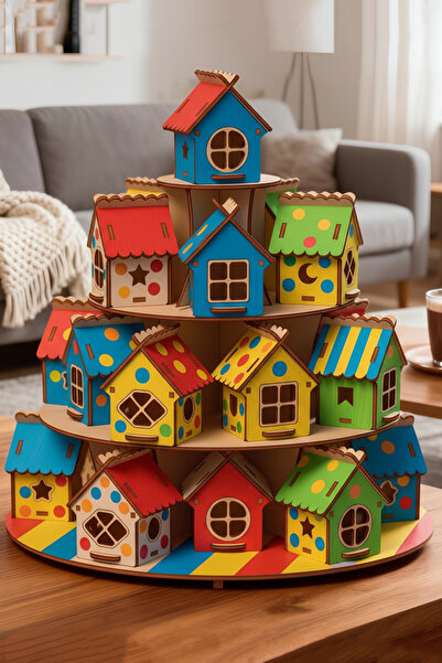 kutuTR 24 Parça Boyanabilir Mini Ahşap Ev Seti – Eğitici Etkinlik ve Dekor Oyunu