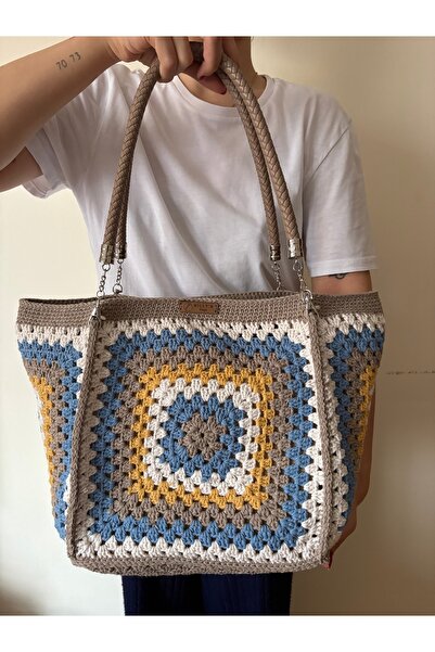 Nillys Women's Cotton Rope Lined Pocket Knitted Mix Handle Bag (44X27)