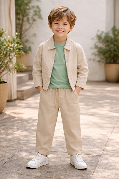 Uğur bebe Момчешки комплект от бежова платна с яке с цип и панталони 100% пам...
