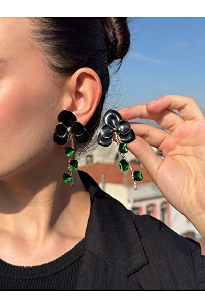 rycollections Orchid Flower Model Black Color Patterned Vip Steel Earrings