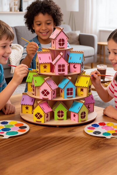 kutuTR 24 Parça Boyanabilir Mini Ahşap Ev Seti – Eğitici Etkinlik ve Dekor Oyunu Maket Ev