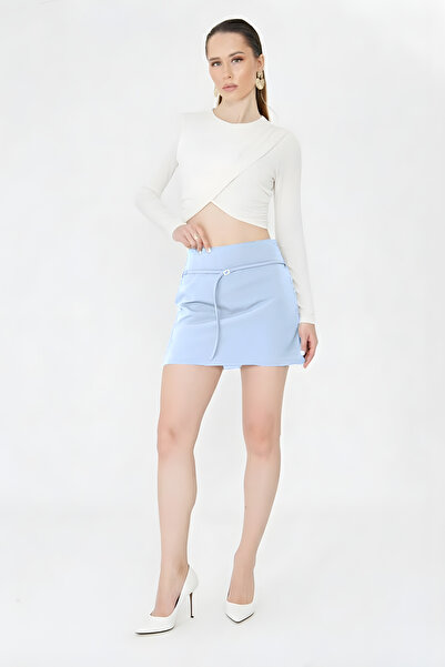 LA PANTE Shorts Skirt Women's Skirt with Shorts Mini Metal Buckle Belted Belted Side Zipper White Fabric