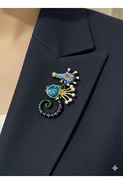 Hayalperest boncuk Deniz Atı İşlemeli Tasarım Detaylı Figürlü Kadın Broş - Ya...