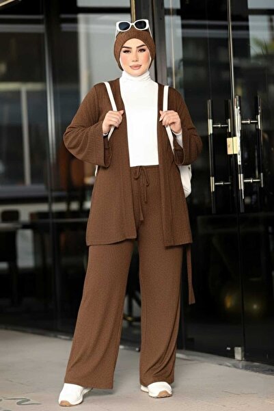 ELİF FARAH Women’s Knit 3-Piece Modest Set | Cardigan, Top & Pants | Elegant Hijab Outfit