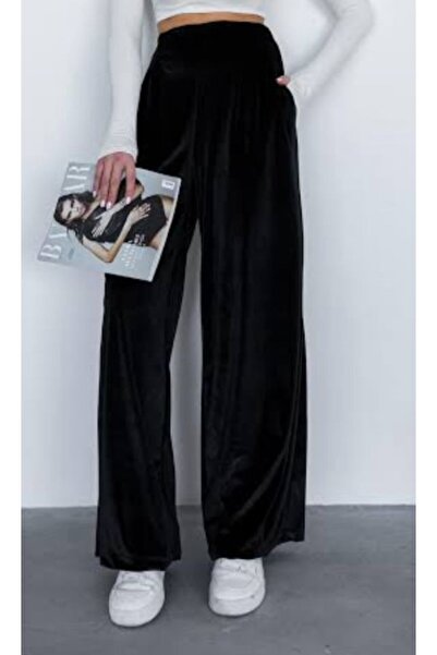 soonaksesuar Women's High Waist Elastic Detail Velvet Fabric Wide Leg Pants