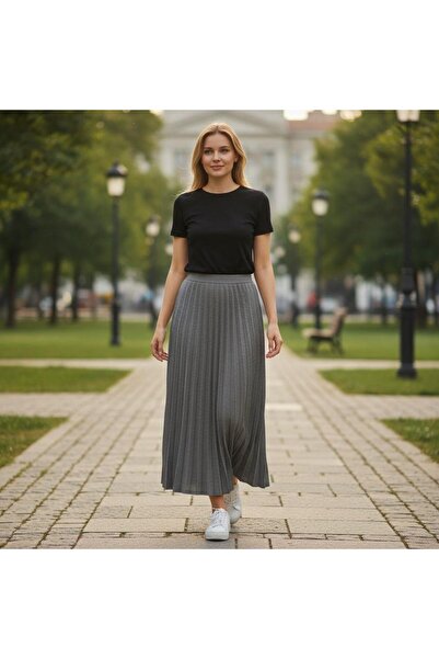 EREN STYLE Pleated Cotton Diagonal Skirt with Elastic Waist (95 cm)-(38-50)