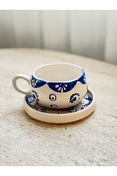 Home Nazar boncuklu Kabartma Desenli El Yapımı Seramik Tabaklı Kupa Kahve Çay...