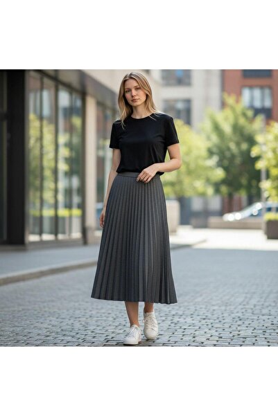 EREN STYLE Pleated Cotton Diagonal Skirt with Elastic Waist (95 cm)-(38-50)