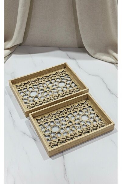 WOOD Set of two wooden serving trays with a glass base and laser-cut decorative patterns
