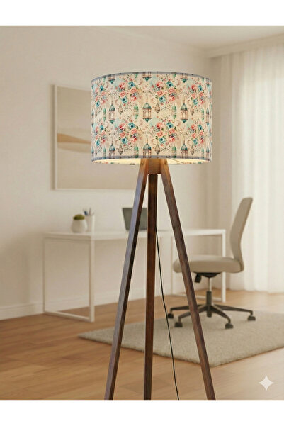 Otay Ev Dekorasyon Çiçekli Lambalar Desenli Masif Çam Ayaklı Tripod Lambader