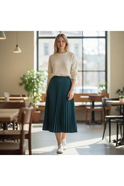 EREN STYLE Pleated Cotton Diagonal Skirt with Elastic Waist (95 cm)-(38-50)