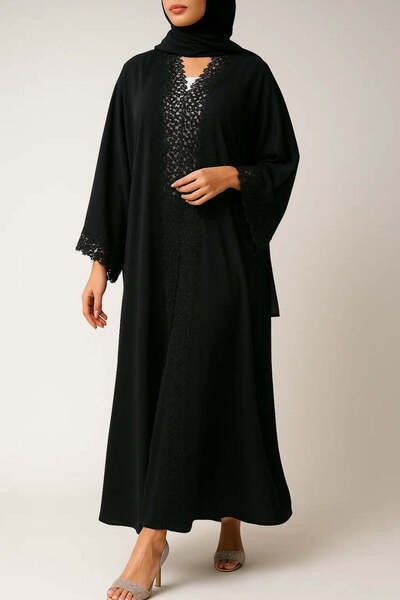 MayaCloset Premium Long Black Nidah Cap Ferace Abaya with Elegant Lace Trim