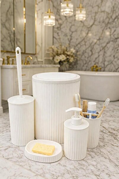 VOCO Serisi Bej Banyo Seti,5 Parça Lüks Akrilik Çöp Kovası,Fırça,Sabunluk Ban...