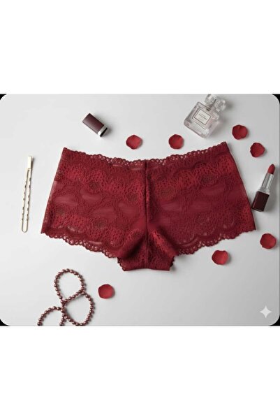 Butik Kadın Bordo İnce İşlemeli Dantel Detaylı Şık Boxer Külot 3'lü Paket