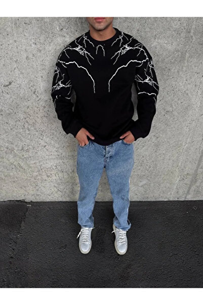 MODA    Lightning Printed Crew Neck Sweatshirt - Black