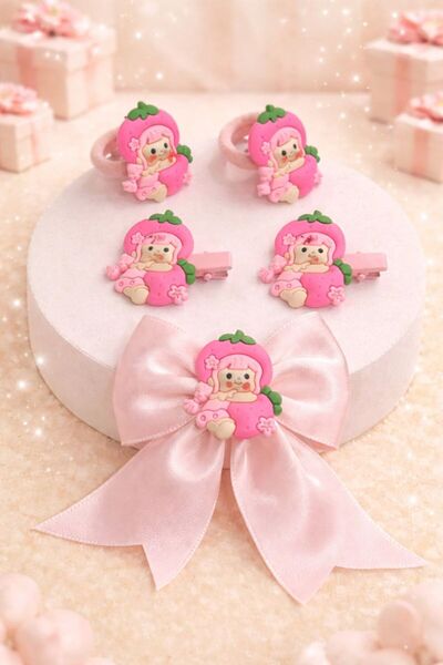 Nati Co Sevimli Çilek Kız Figürlü Çocuk Saç Tokası & Lastik Seti