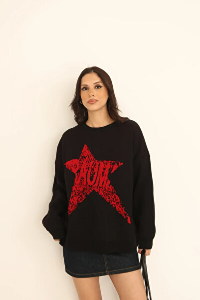 H&E LUXURY DESIGN Women's Black Knitwear Sweater Red Star Pattern Modern Oversized