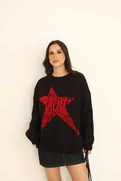 New Deux Pulover oversize pentru femei, negru, cu model stea roșie
