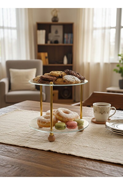 VAZO DEKOR Gold Detaylı 2 Katlı Lüks Cam Kurabiyelik ve Atıştırmalık Sunumluk...