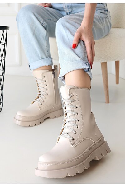 İsmiyle Al Orge Beige Leather Laced Boots