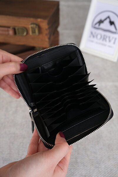 Norvi Leather Leather Card Holder with Zippered Accordion Compartment 1260