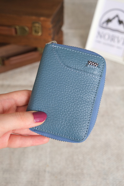 Norvi Leather Small Leather Card Holder with Zippered Accordion Compartment 1265