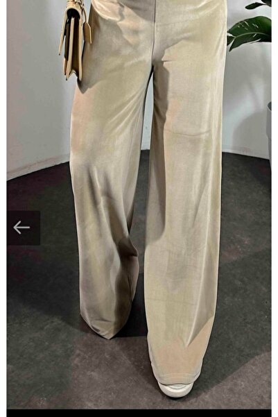 FRESCO SCARFS Women's High Waist Elastic Detail Velvet Fabric Wide Leg Pants