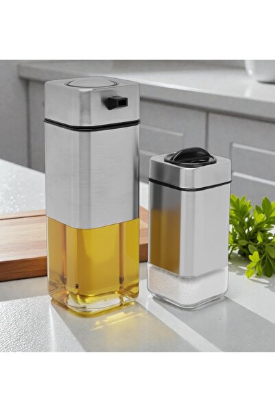 cc bin shihon 2-piece glass oil and salt shaker set with a stainless steel exterior. The luxurious "Elegance" set: a modern touch for your table and kitchen.