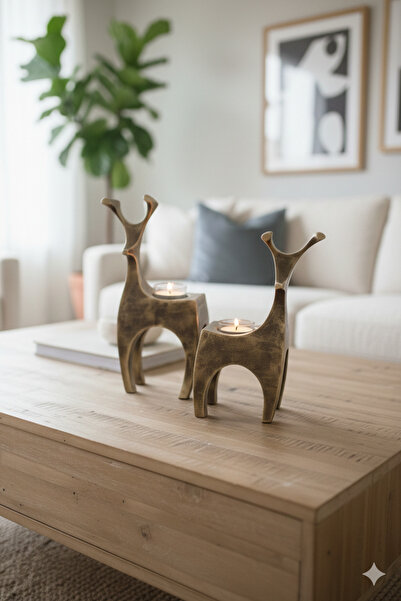 Dekoromi 2'li Geyik Mumluk Seti Altın Eskitme (10x19 ve 12x25cm) Hediyelik - ...