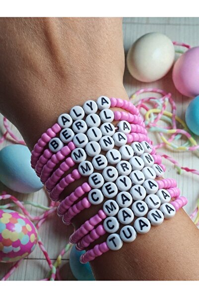 Amabel Jewelerys Karne-Bayram-Doğum Günü Hediyesi İsim Yazılı Pembe Kum Boncu...