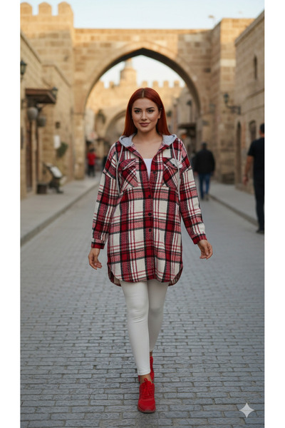 Polologin Butik Red Hooded Araboy Sport Lumberjack Shirt