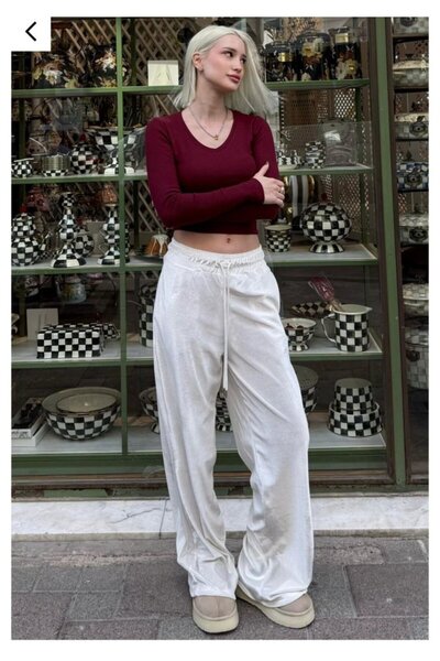 FRESCO SCARFS Women's High Waist Elastic Detail Velvet Fabric Wide Leg Pants