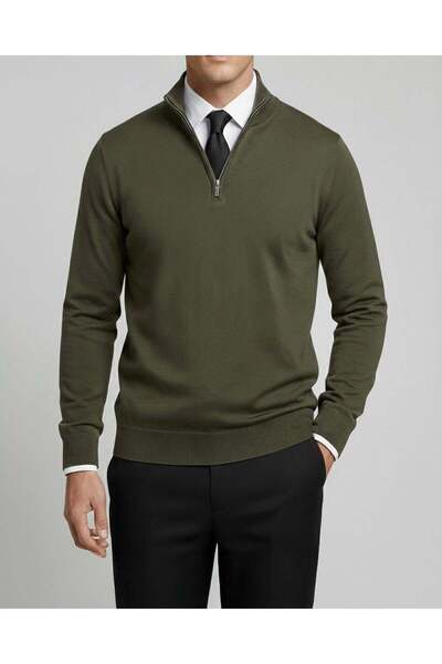 TerziAdemAltun Italian Style S Slim Fit Zipper Polo Neck Knitwear Sweater Kha...